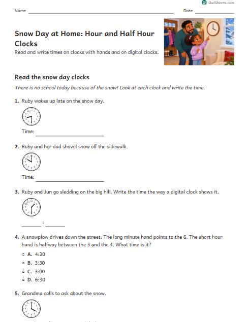 Snow Day at Home: Hour and Half Hour Clocks worksheet preview