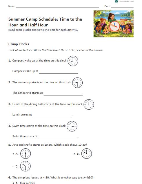 Summer Camp Schedule: Time to the Hour and Half Hour worksheet preview
