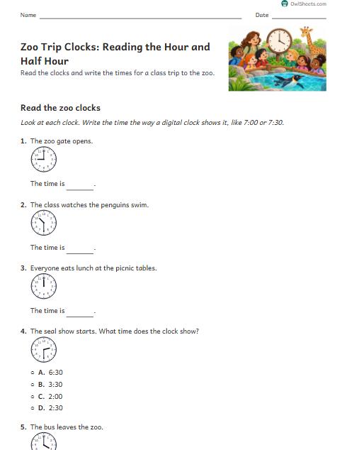 Zoo Trip Clocks: Reading the Hour and Half Hour worksheet preview
