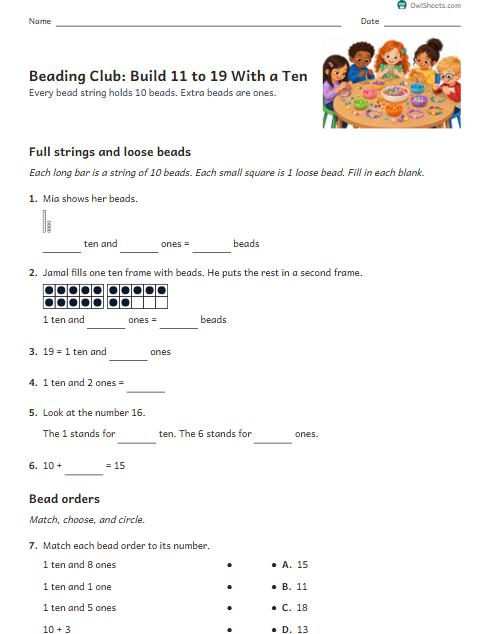 Beading Club: Build 11 to 19 With a Ten worksheet preview