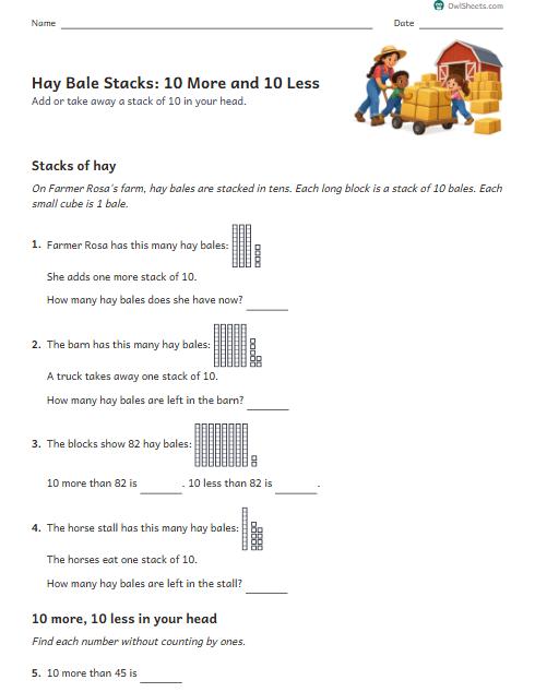 Hay Bale Stacks: 10 More and 10 Less worksheet preview