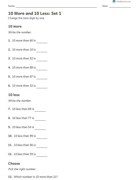 10 More and 10 Less: Set 1 worksheet preview