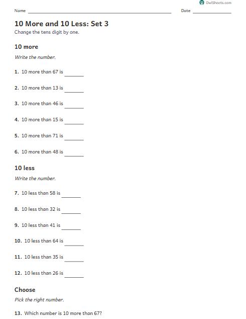 10 More and 10 Less: Set 3 worksheet preview