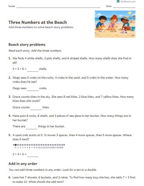 Three Numbers at the Beach worksheet preview