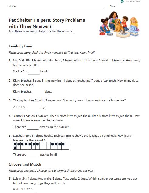 Pet Shelter Helpers: Story Problems with Three Numbers worksheet preview