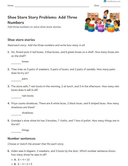 Shoe Store Story Problems: Add Three Numbers worksheet preview