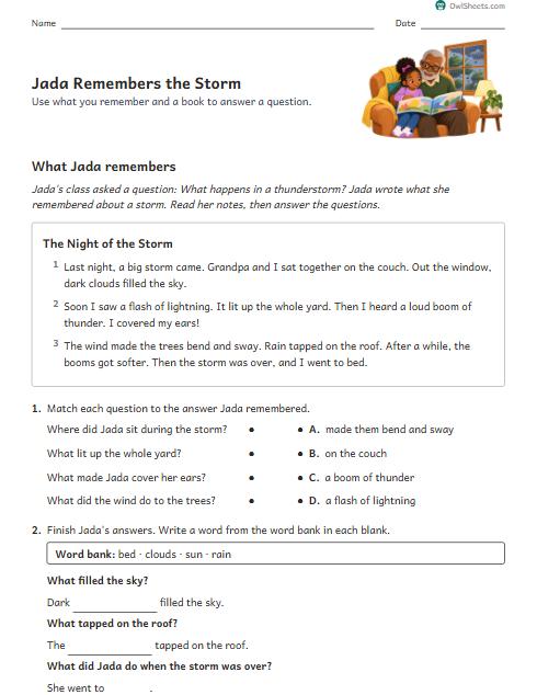 Jada Remembers the Storm worksheet preview