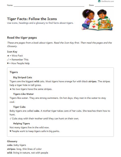 Tiger Facts: Follow the Icons worksheet preview