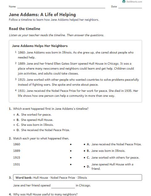 Jane Addams: A Life of Helping worksheet preview
