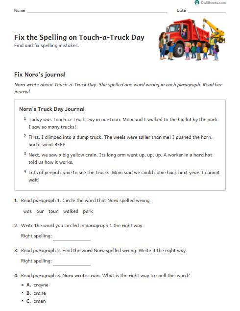 Fix the Spelling on Touch-a-Truck Day worksheet preview