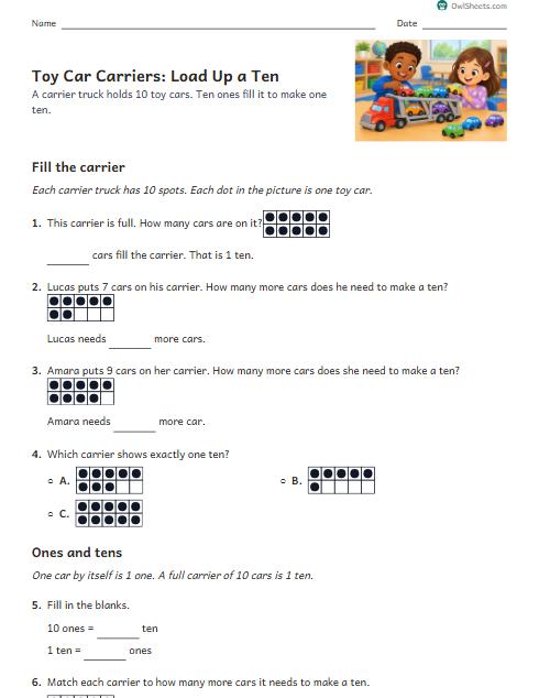 Toy Car Carriers: Load Up a Ten worksheet preview