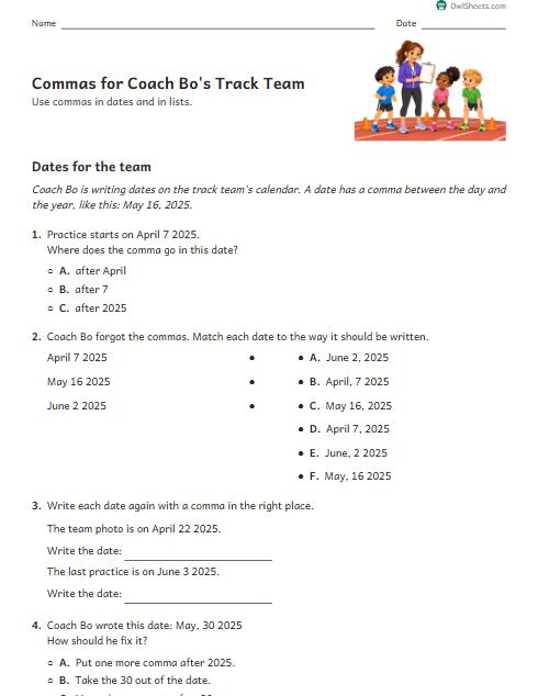 Commas for Coach Bo's Track Team worksheet preview