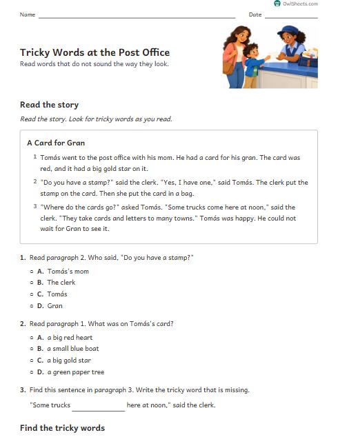Tricky Words at the Post Office worksheet preview