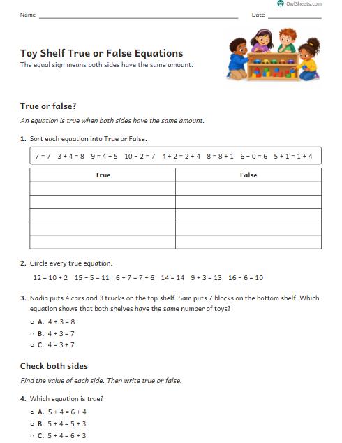 Toy Shelf True or False Equations worksheet preview