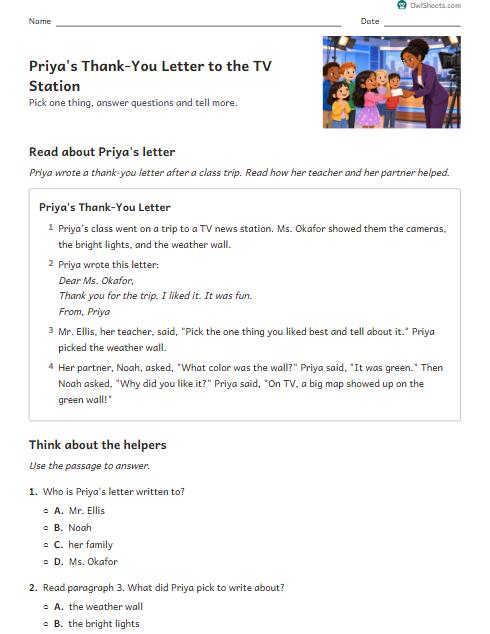 Priya's Thank-You Letter to the TV Station worksheet preview