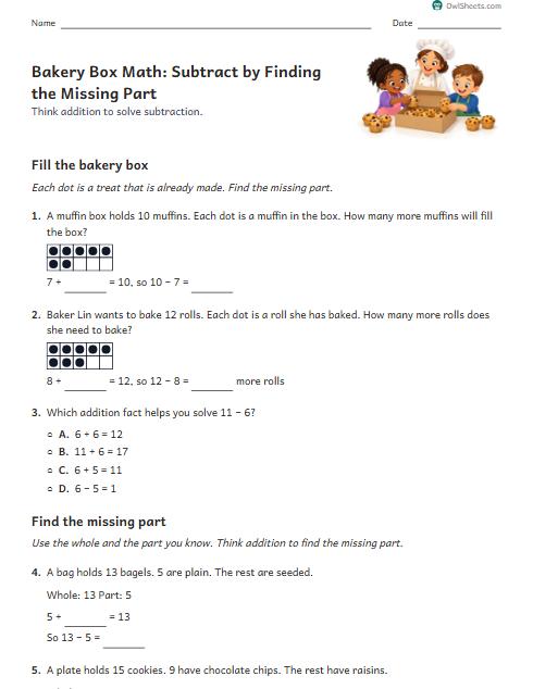 Bakery Box Math: Subtract by Finding the Missing Part worksheet preview