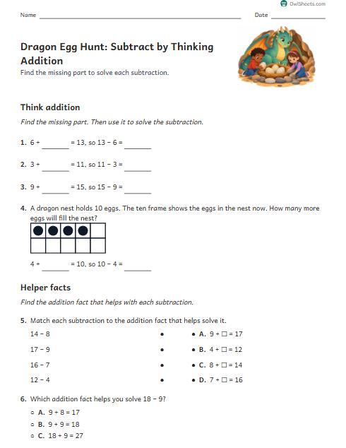 Dragon Egg Hunt: Subtract by Thinking Addition worksheet preview