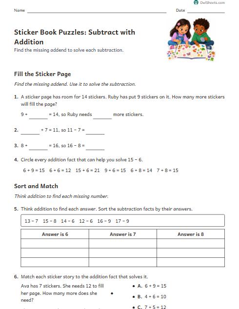 Sticker Book Puzzles: Subtract with Addition worksheet preview