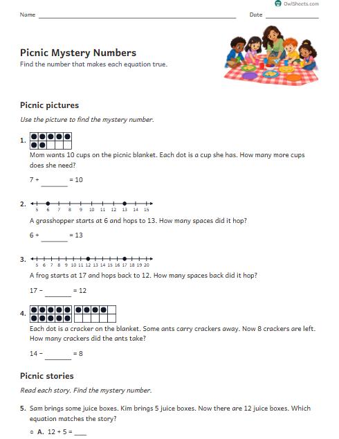 Picnic Mystery Numbers worksheet preview