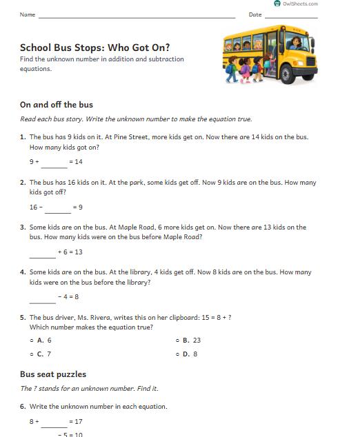 School Bus Stops: Who Got On? worksheet preview