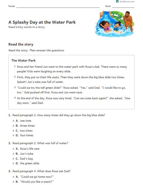 A Splashy Day at the Water Park worksheet preview