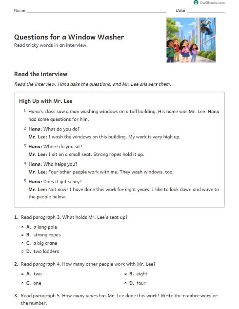 Questions for a Window Washer worksheet preview