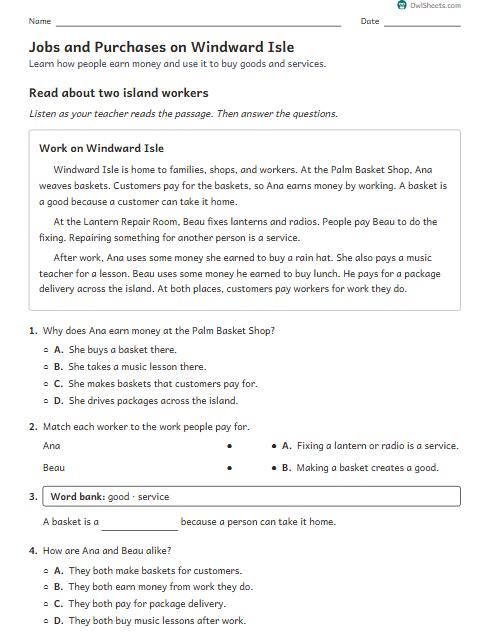 Jobs and Purchases on Windward Isle worksheet preview