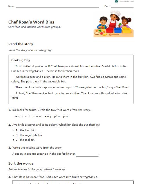 Chef Rosa's Word Bins worksheet preview