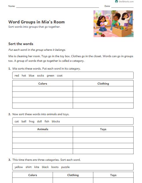 Word Groups in Mia's Room worksheet preview