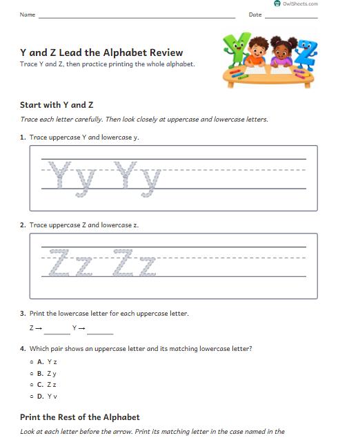 Y and Z Lead the Alphabet Review worksheet preview