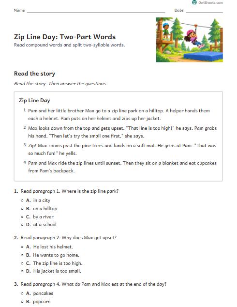 Zip Line Day: Two-Part Words worksheet preview