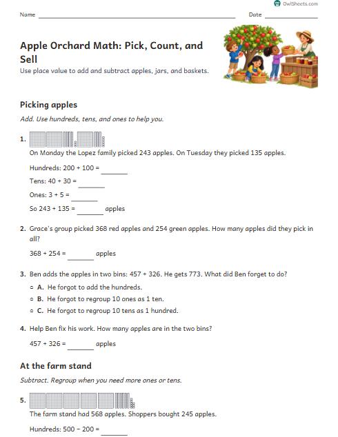 Apple Orchard Math: Pick, Count, and Sell worksheet preview