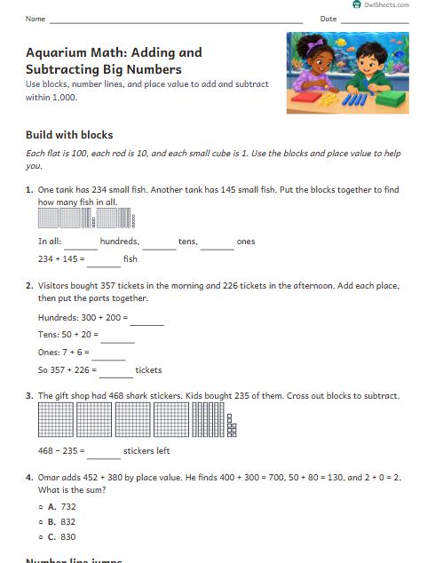 Aquarium Math: Adding and Subtracting Big Numbers worksheet preview