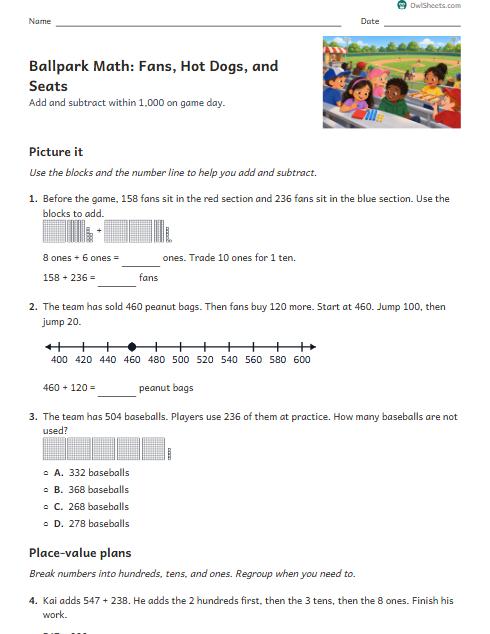Ballpark Math: Fans, Hot Dogs, and Seats worksheet preview