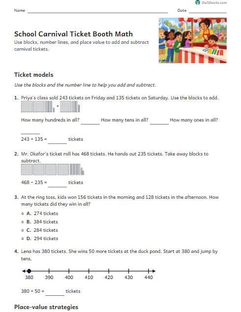 School Carnival Ticket Booth Math worksheet preview