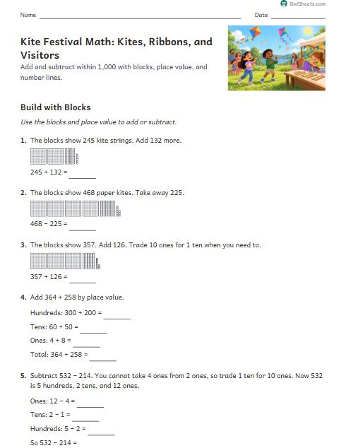 Kite Festival Math: Kites, Ribbons, and Visitors worksheet preview