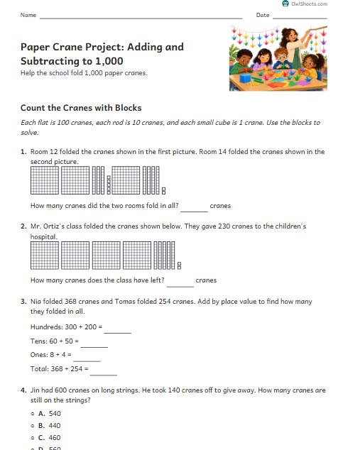 Paper Crane Project: Adding and Subtracting to 1,000 worksheet preview