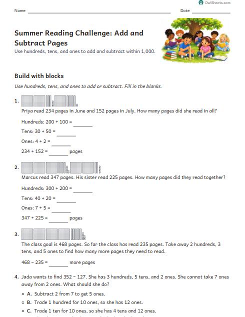 Summer Reading Challenge: Add and Subtract Pages worksheet preview