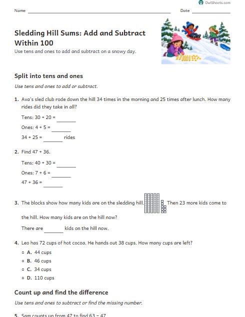 Sledding Hill Sums: Add and Subtract Within 100 worksheet preview