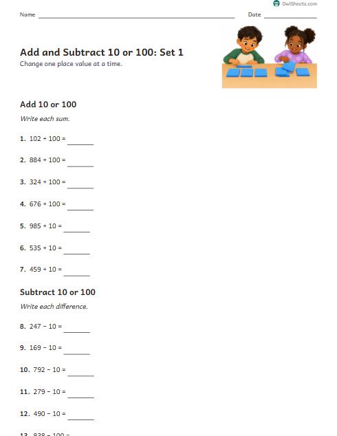 Add and Subtract 10 or 100: Set 1 worksheet preview