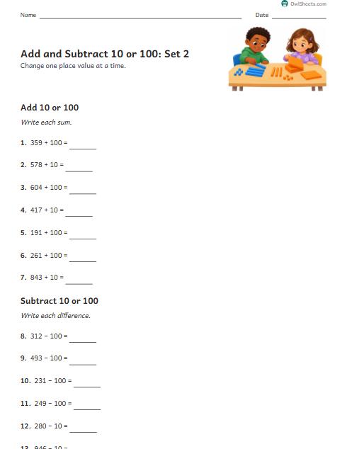 Add and Subtract 10 or 100: Set 2 worksheet preview