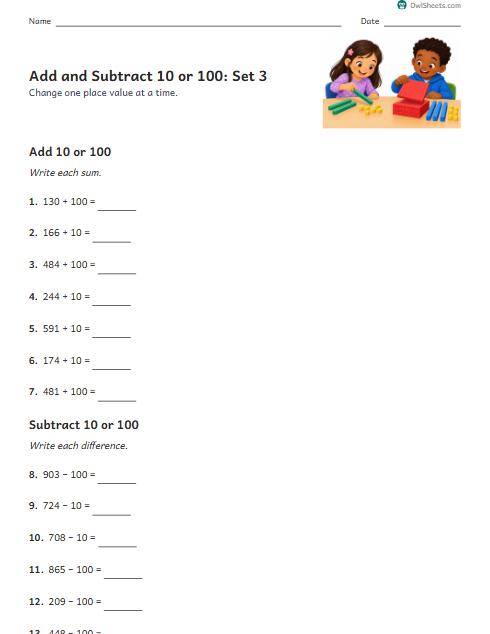 Add and Subtract 10 or 100: Set 3 worksheet preview