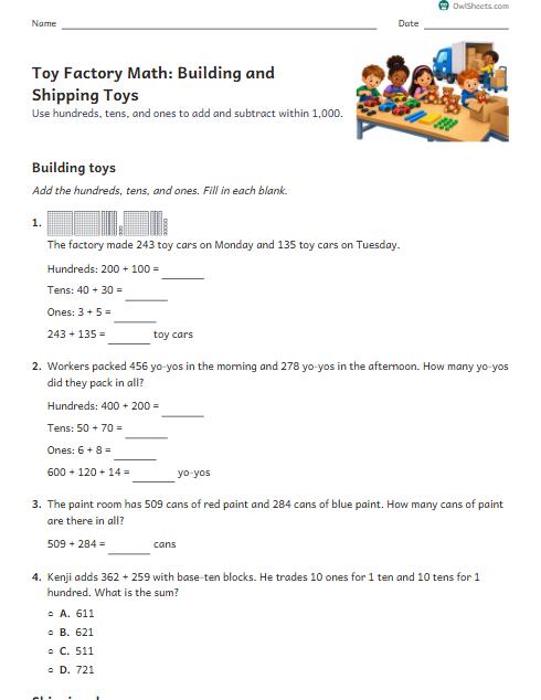 Toy Factory Math: Building and Shipping Toys worksheet preview