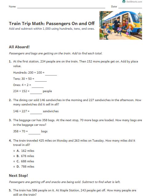 Train Trip Math: Passengers On and Off worksheet preview