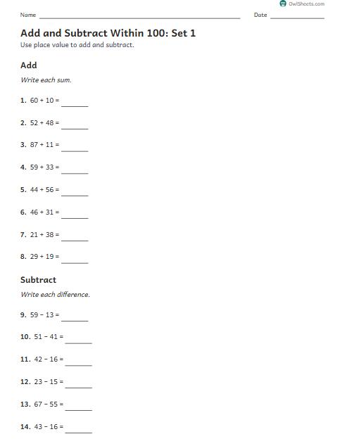 Add and Subtract Within 100: Set 1 worksheet preview