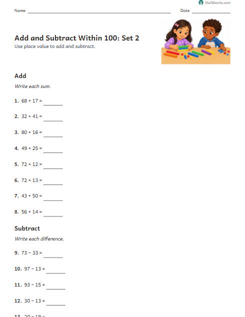 Add and Subtract Within 100: Set 2 worksheet preview