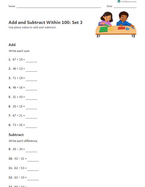 Add and Subtract Within 100: Set 3 worksheet preview
