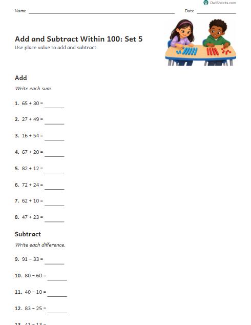 Add and Subtract Within 100: Set 5 worksheet preview