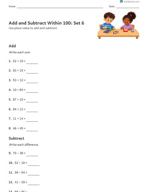 Add and Subtract Within 100: Set 6 worksheet preview