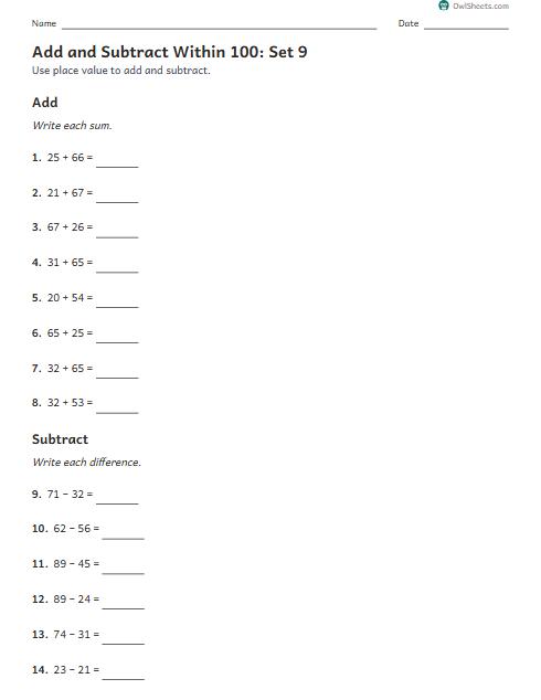 Add and Subtract Within 100: Set 9 worksheet preview